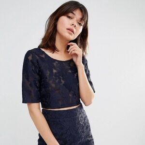 Anthropologie J.O.A. Sheer Lace Cropped Navy Blue Blouse Top Size XSmall NWT